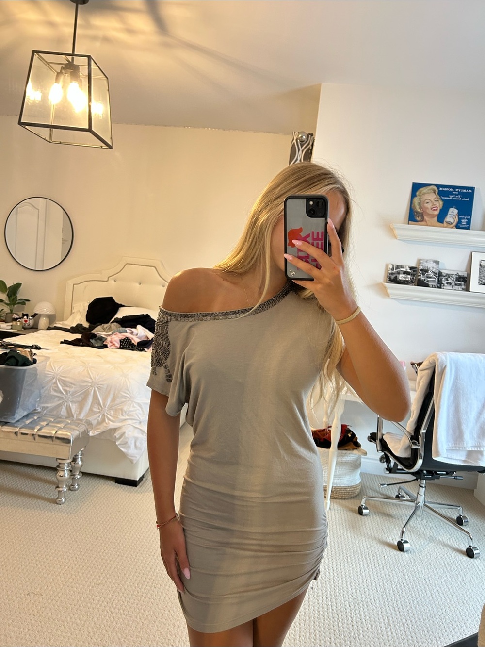 Beige Off-Shoulder Ruched Women's Dress